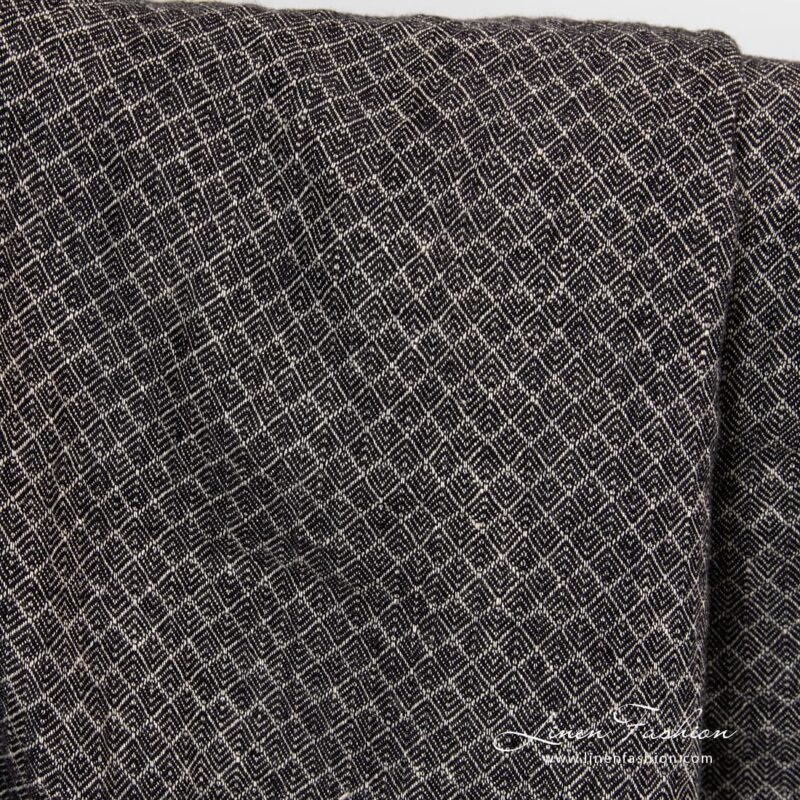 100% washed linen fabric in small black grey diamond pattern.