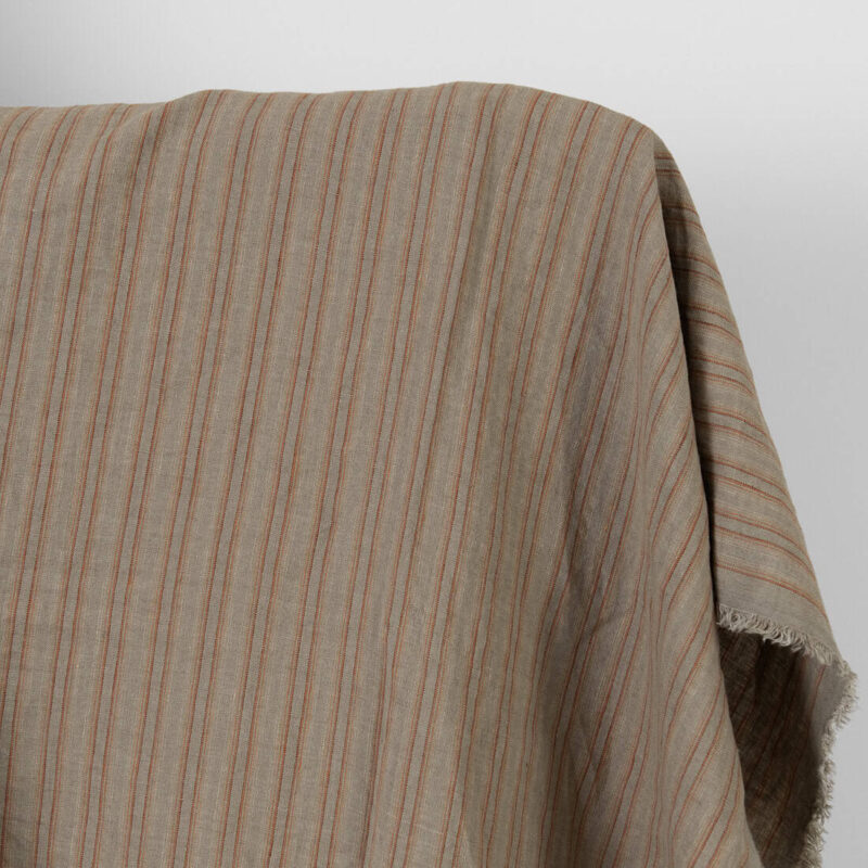 Linen fabric orange brown stripes washed