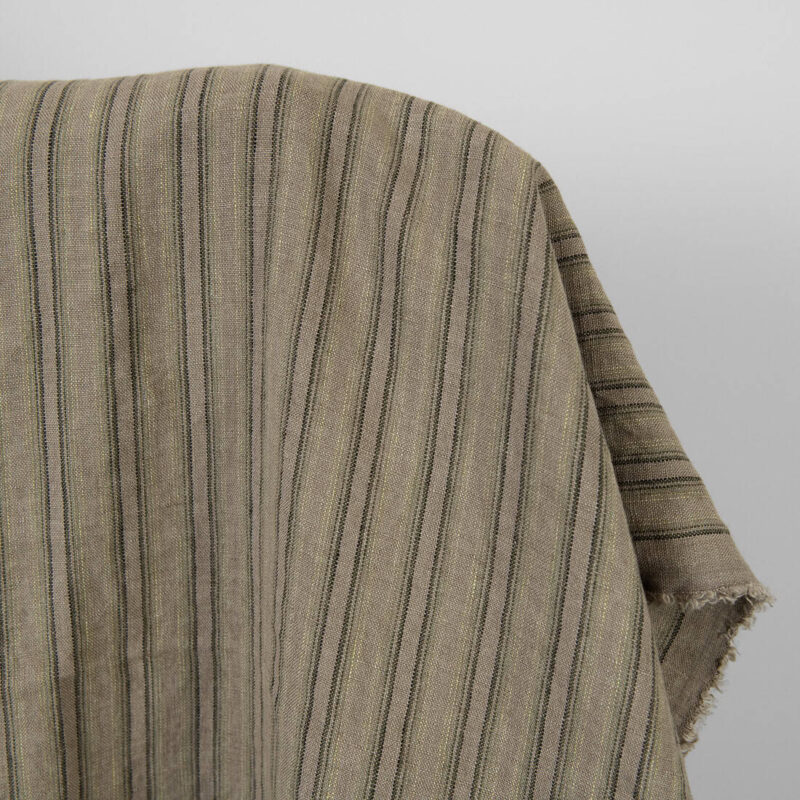 Washed linen fabric brown-green stripes, pure linen fabric