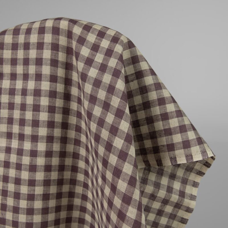 Linen fabric in natural and purple colour checks product photo