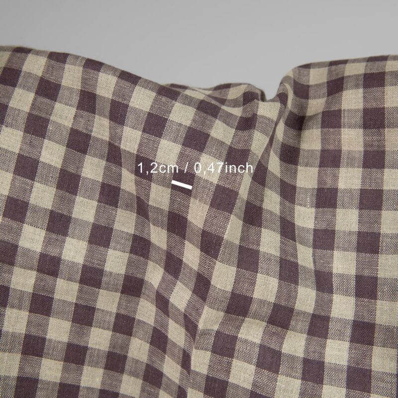 Linen fabric in natural and purple colour checks with measurements