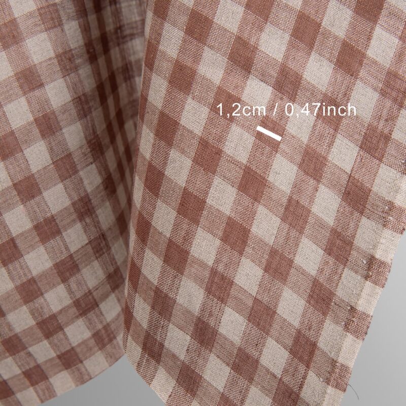 Linen fabric in brown and natural linen colour checks with measurements