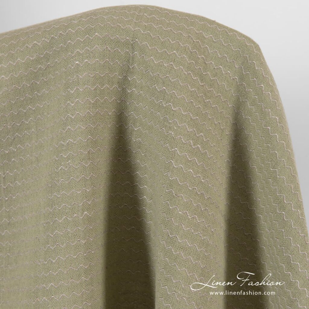 Lniano - bawełniana tkanina prana zielona we wzór fali 2 Greenish linen cotton fabric