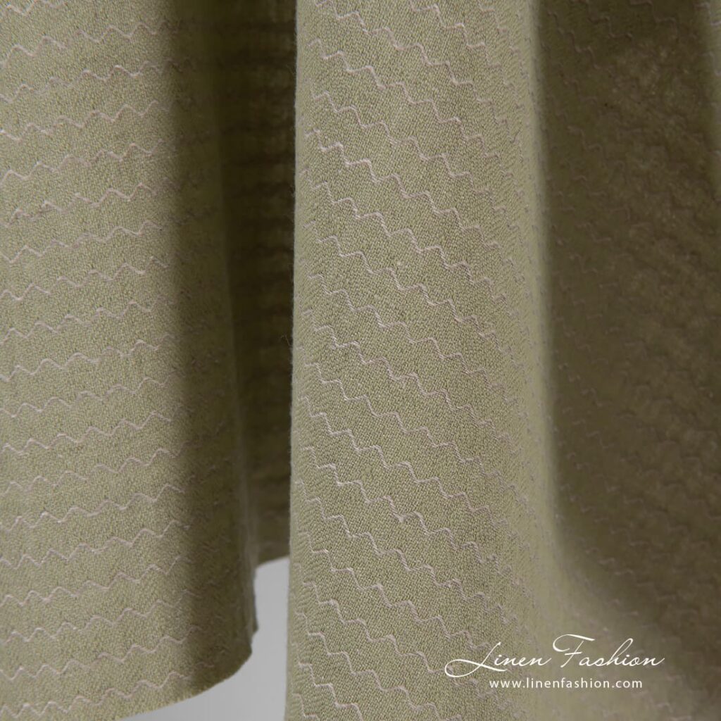 Lniano - bawełniana tkanina prana zielona we wzór fali 3 Linen cotton fabric in dobby pattern