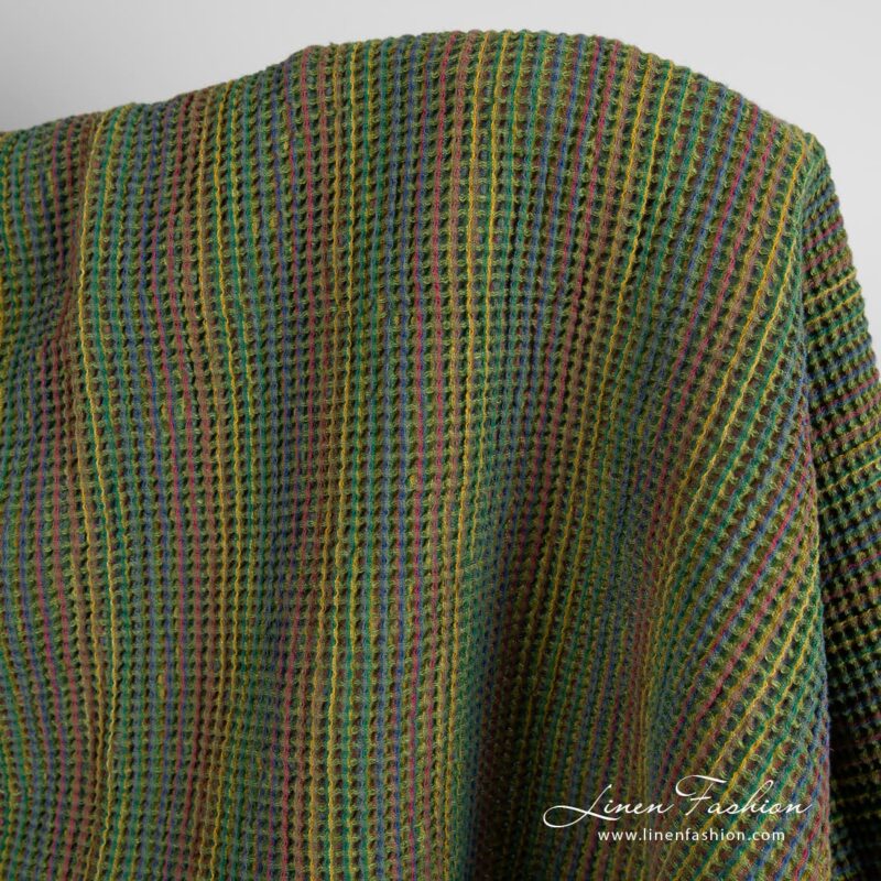 Green linen cotton fabric in waffle pattern, specially washed