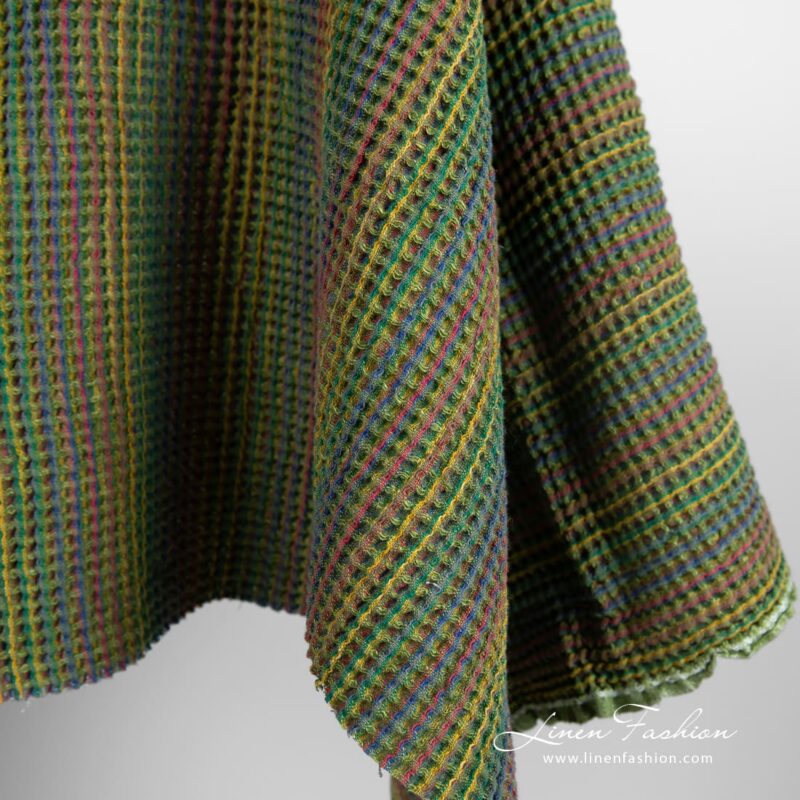 Green linen cotton fabric in waffle pattern, specially washed to increase softness