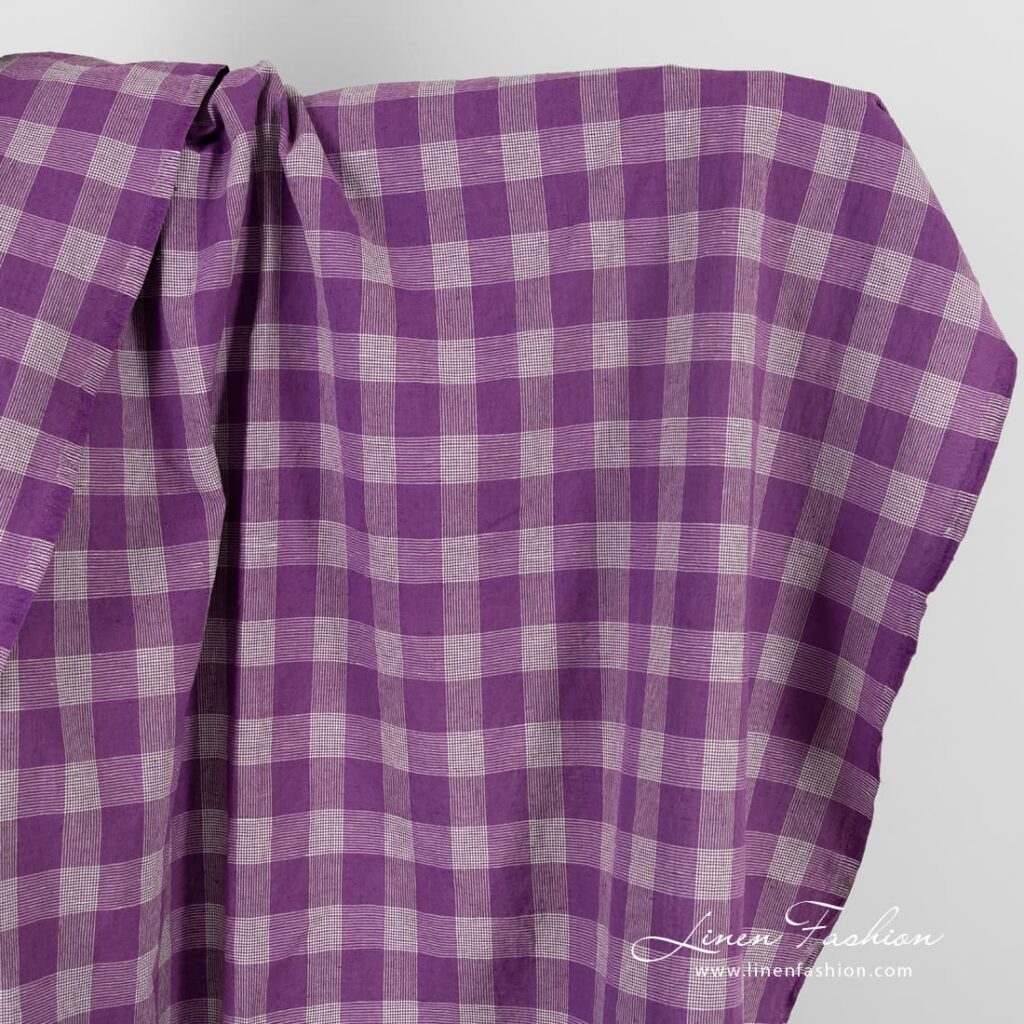 Violet linen cotton fabric in checks