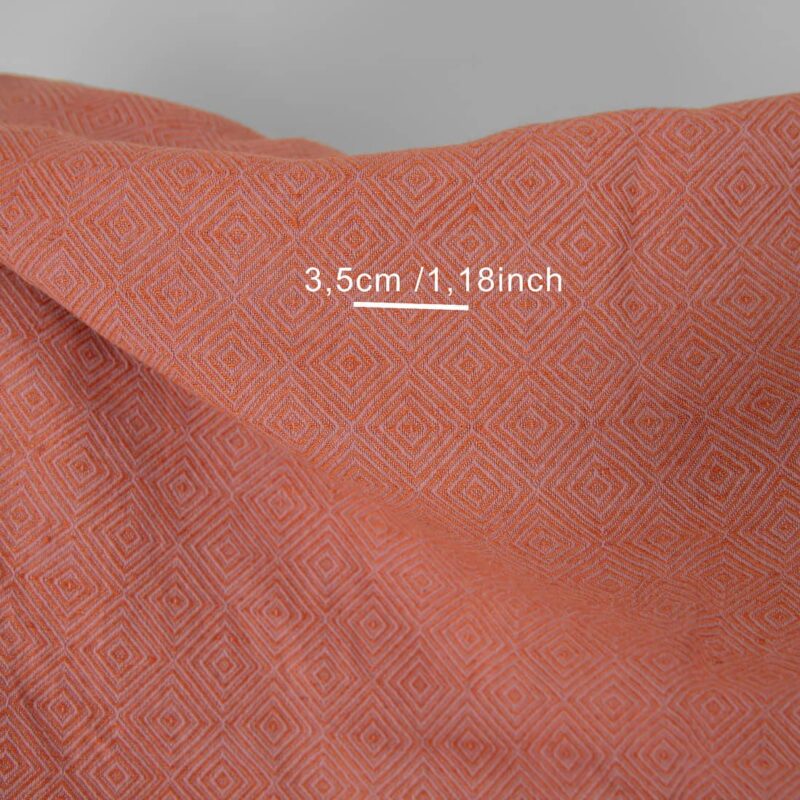 Washed linen cotton fabric in orange lilac diamond pattern, softened