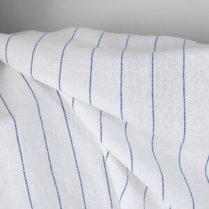 Washed linen cotton fabric white with blue stripes, twill weave