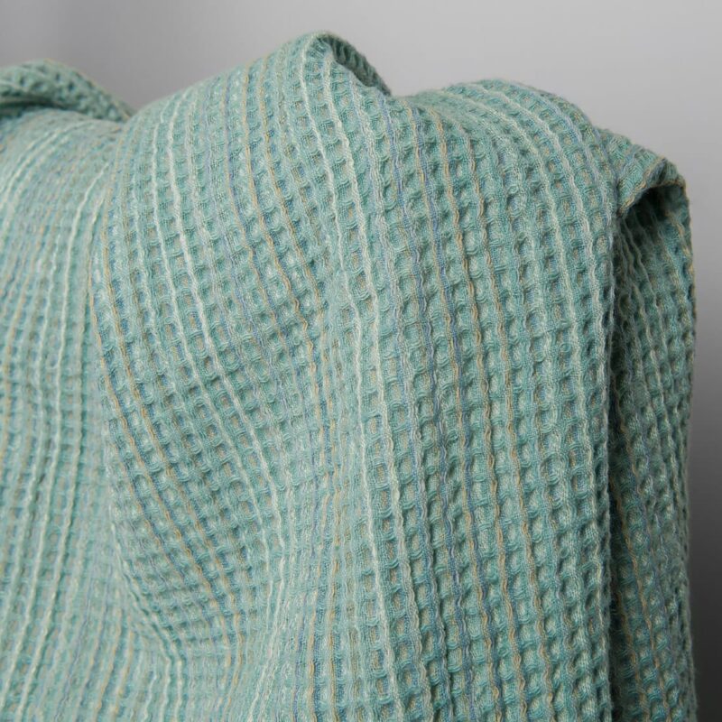Washed green linen cotton waffle weave fabric, 150cm