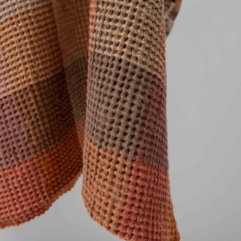 Washed linen cotton fabric brown colour checks waffle edge view