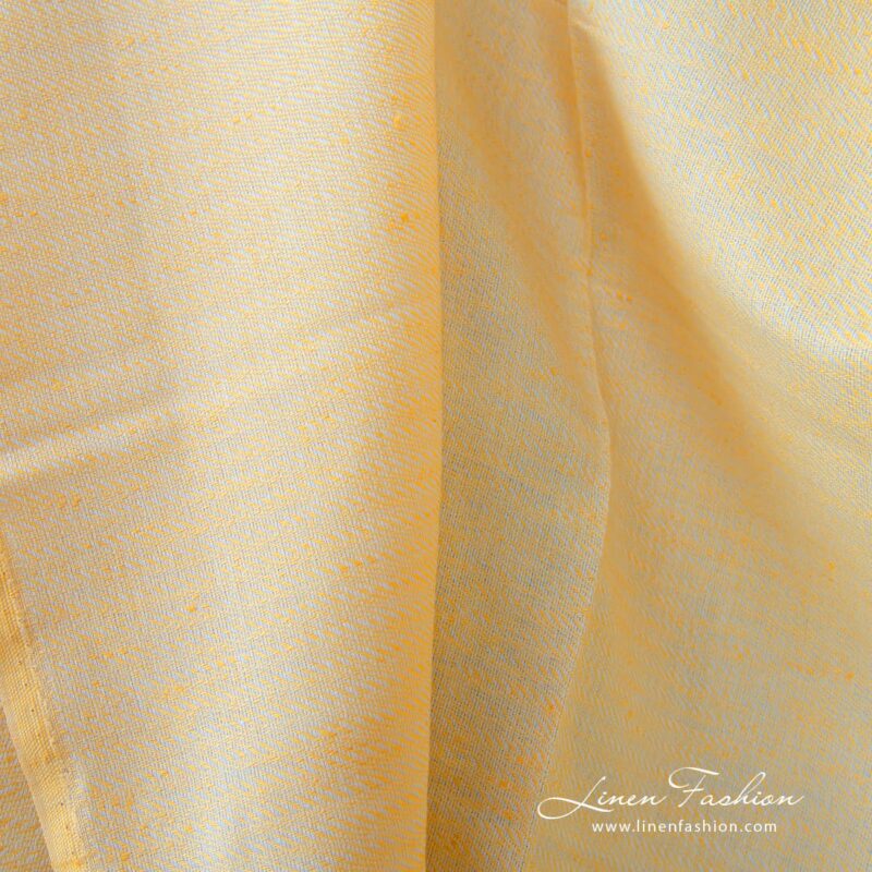 Linen cotton fabric yellow white small pattern close up view