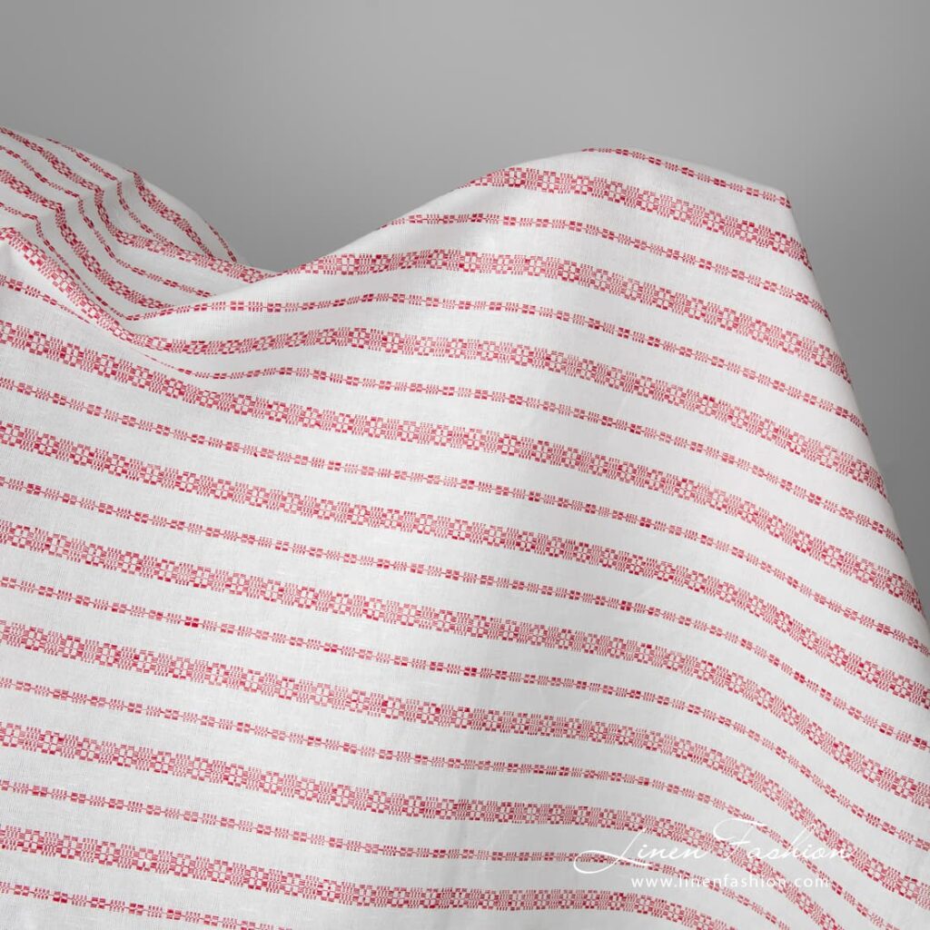 White half- linen fabric in red patterned stripes