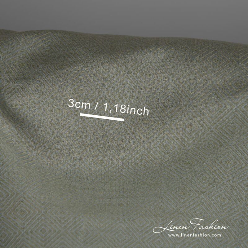 Linen cotton fabric in greyish green diamond pattern with measurements