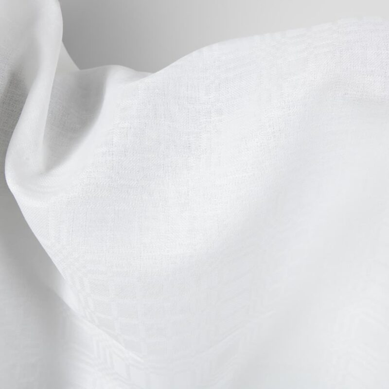 Linen cotton fabric bright white checks pattern close up view