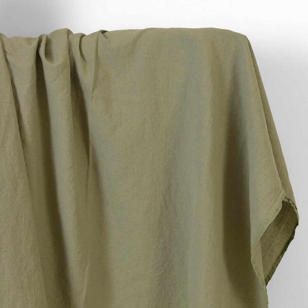 Washed linen cotton fabric grey-sand and green melange