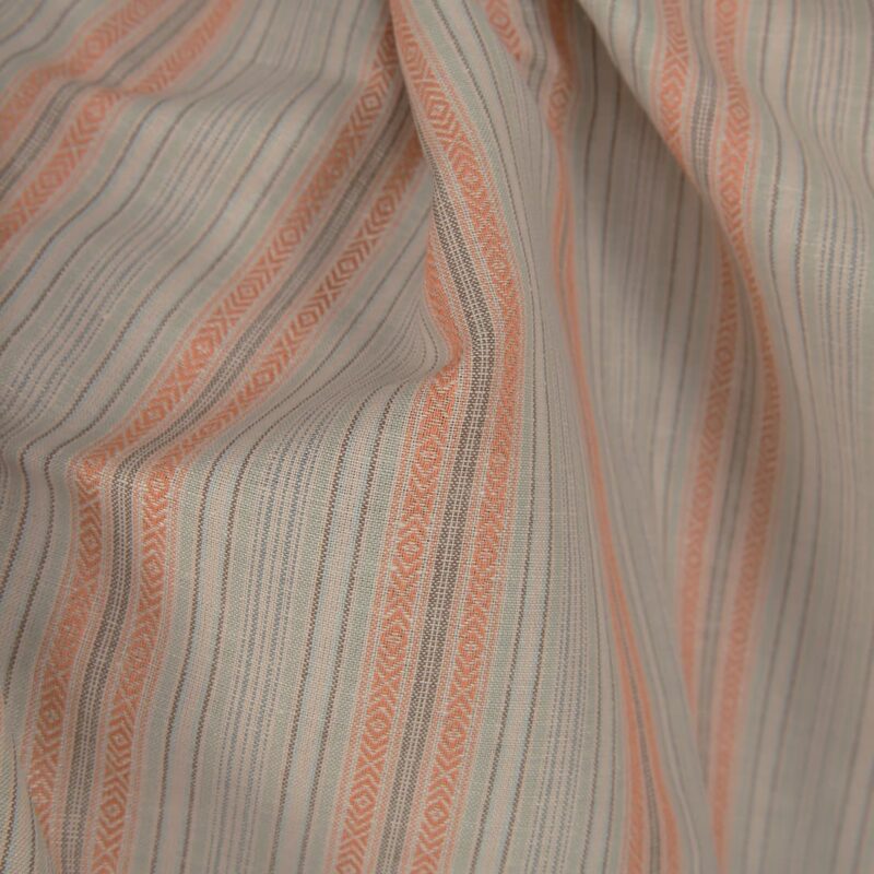 Linen cotton fabric greenish brown stripes close up detail