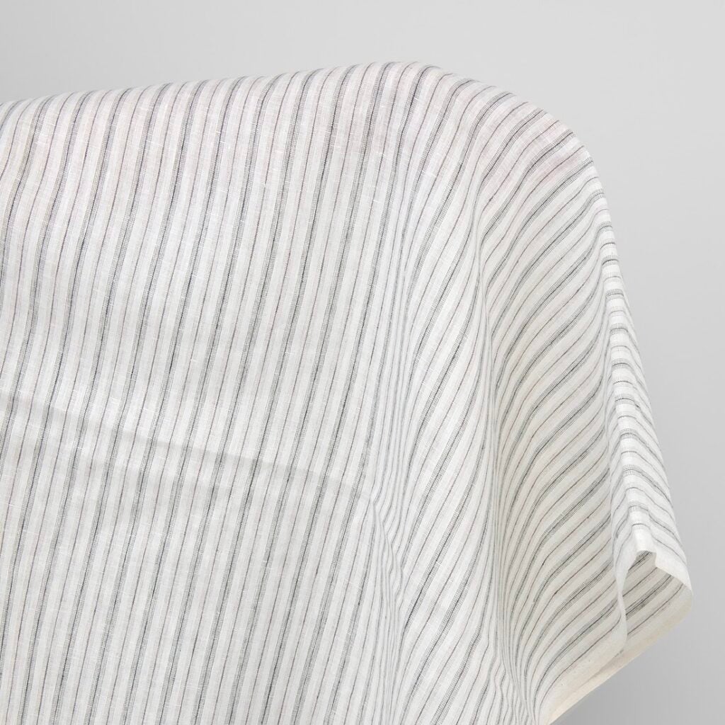 Off-white linen fabric, grey stripes
