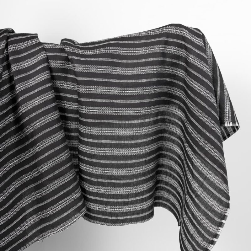 Linen fabric black with white patterned stripes