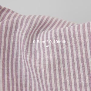 Wide linen cotton fabric in white and lilac stripes with measurements