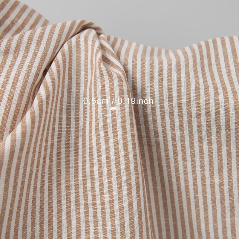Wide linen cotton fabric in white and brown stripes with measurements