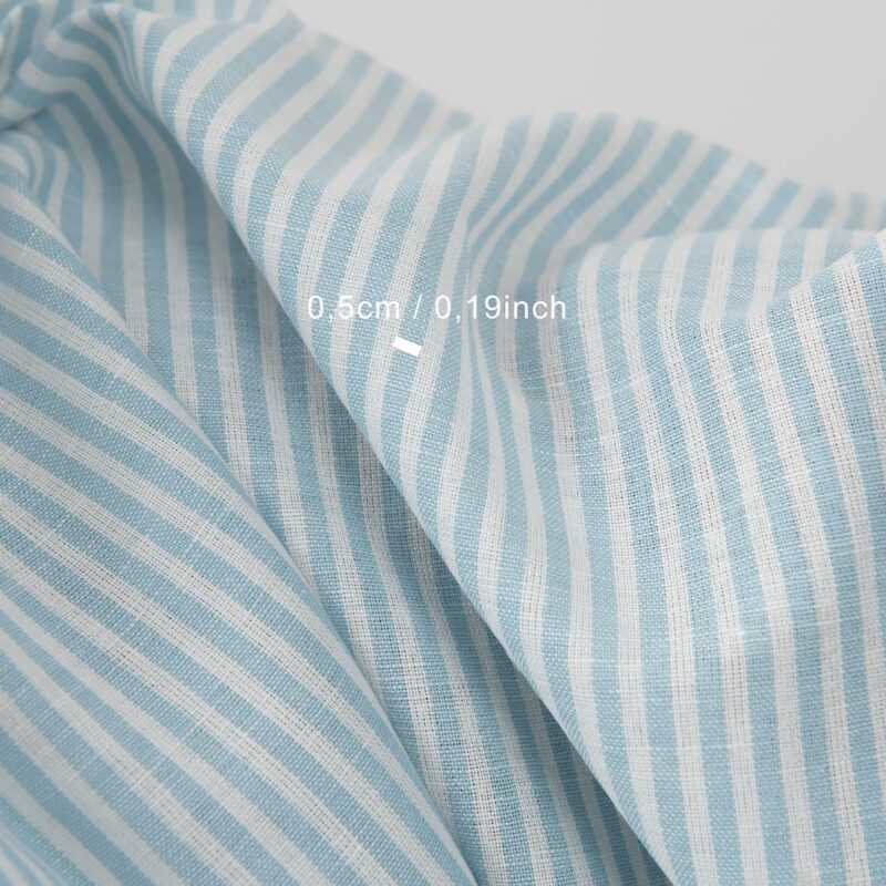 Wide linen cotton fabric in white and light turquoise stripes with measurements