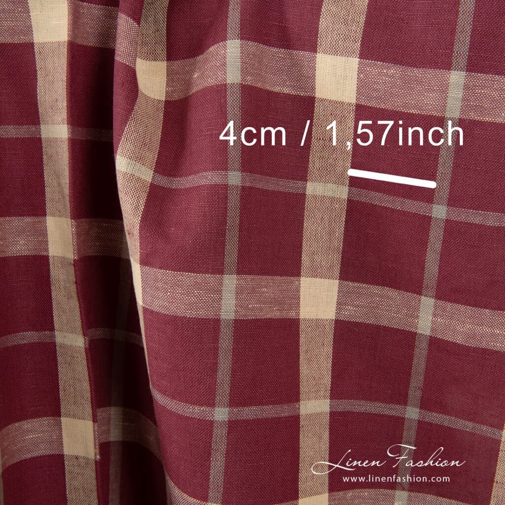 Lniano-bawełniana czerwona tkanina w kremową kratkę 4 Checked linen cotton fabric in red.