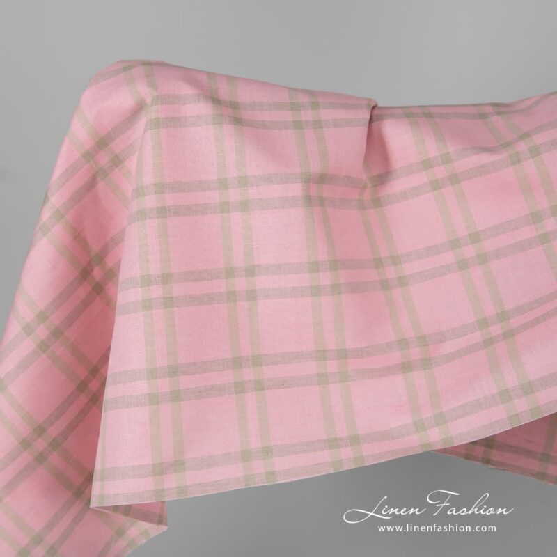 Pink checked linen cotton fabric.