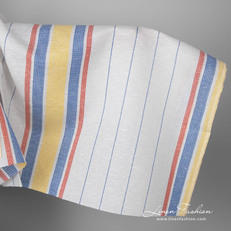 Linen cotton fabric white waffle with yellow red stripes
