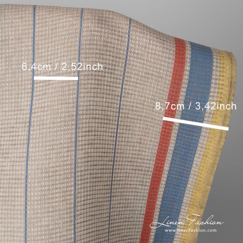 Linen cotton fabric sand waffle with yellow red stripes with measurements