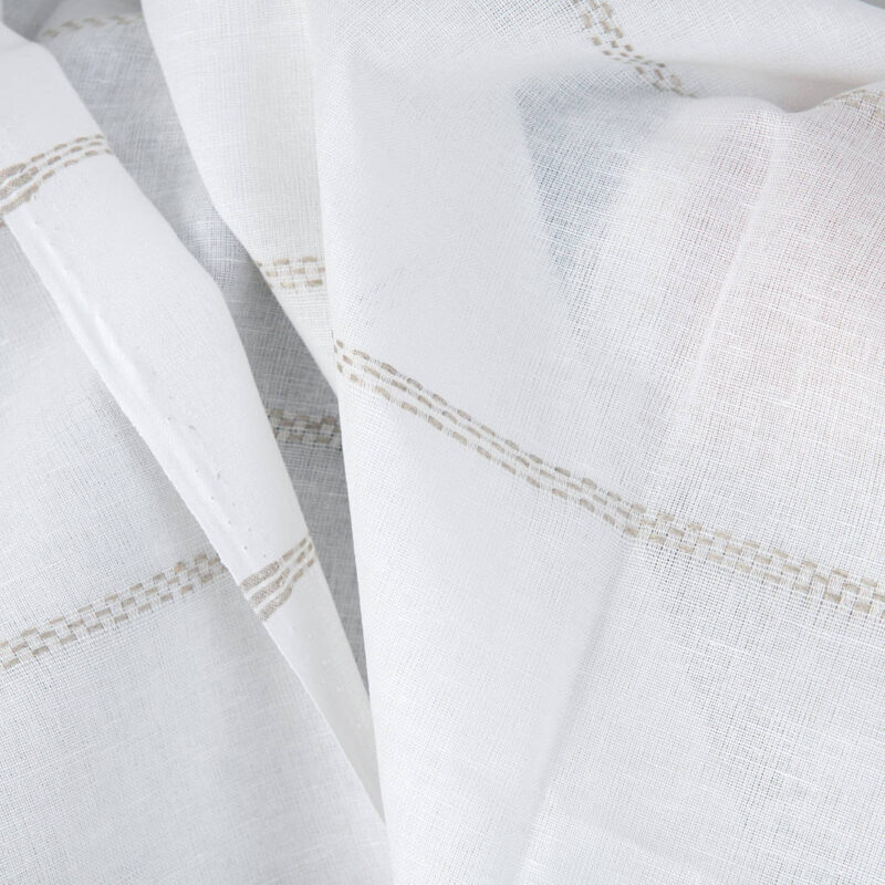 Linen cotton fabric white with natural dashed stripes, 150 cm width