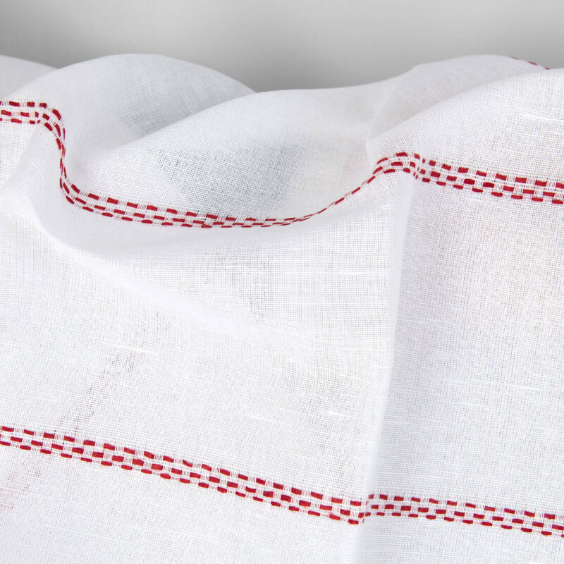 Linen cotton fabric white with red dashed stripes, natural fibre fabric