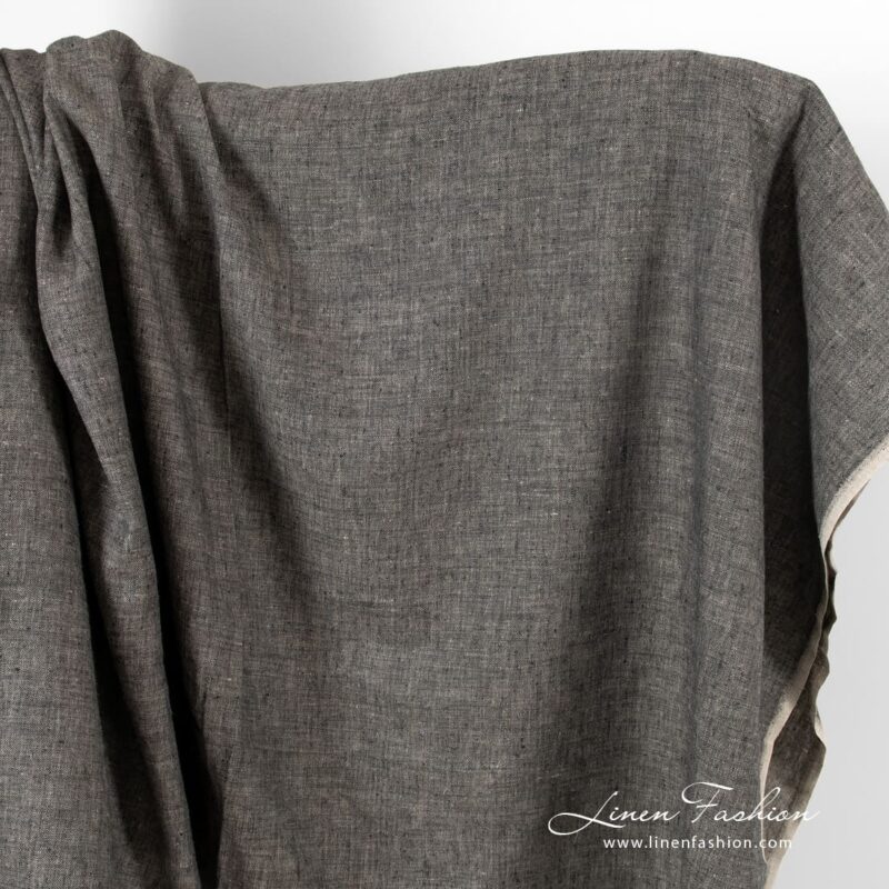 Herringbone linen fabric in black and natural linen