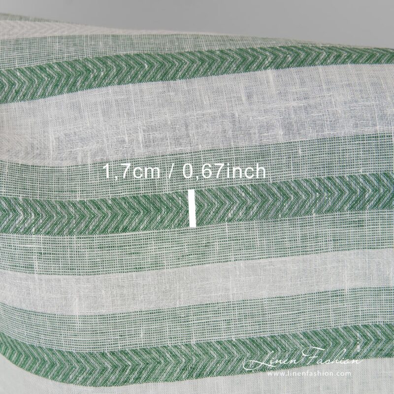 Green and white linen fabric in stripes, perfect for home textile