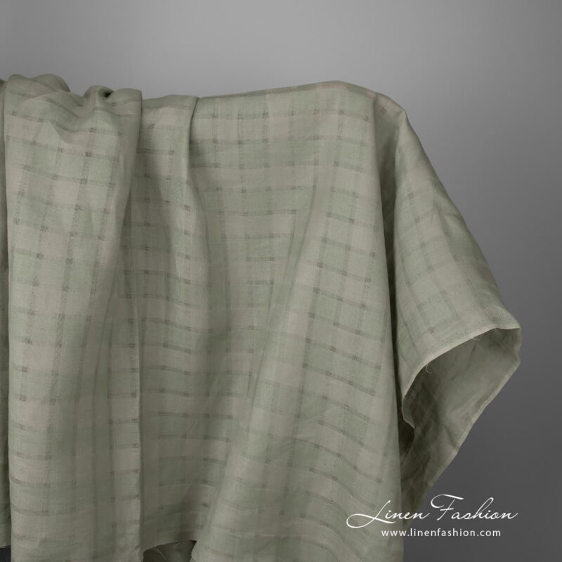 Linen fabric dusty green grey striped checks