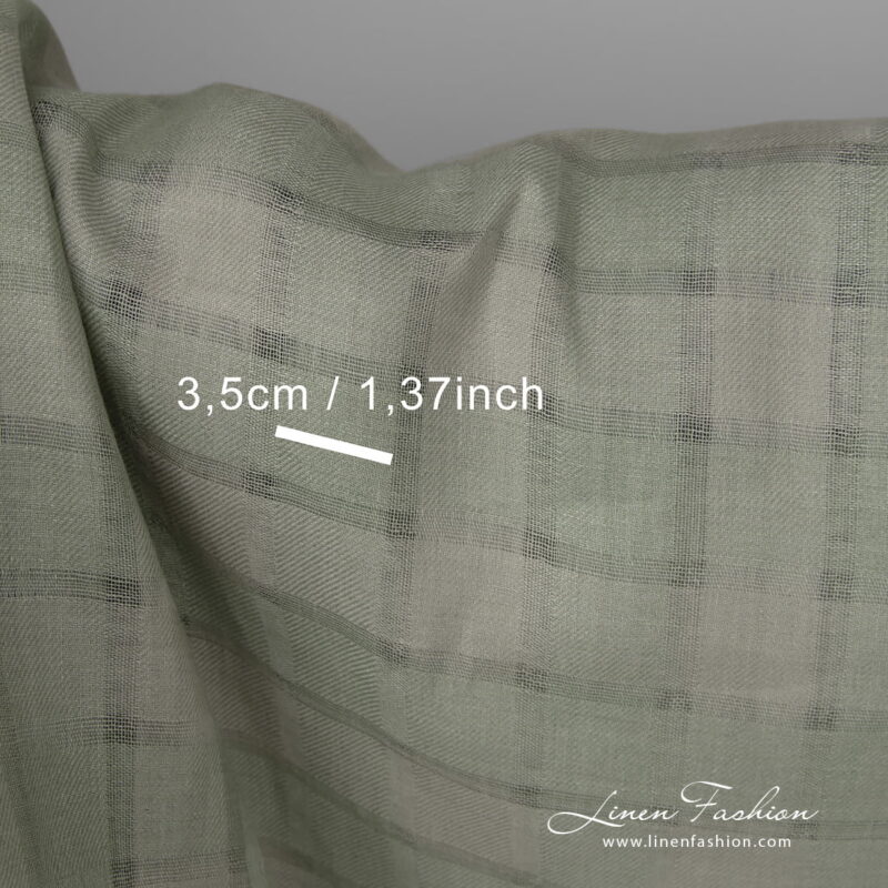 Linen fabric dusty green grey striped checks with measurements