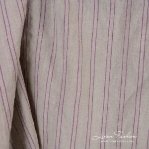 Natural color linen fabric in violet stripes, specially washed to increase softness