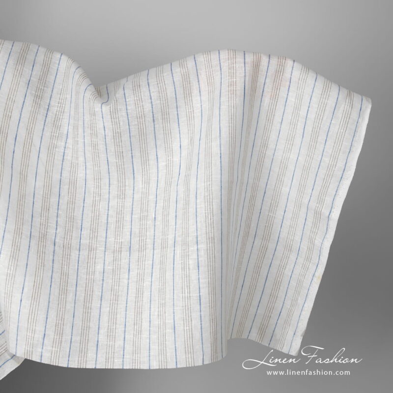 Linen fabric white with blue and grey stripes