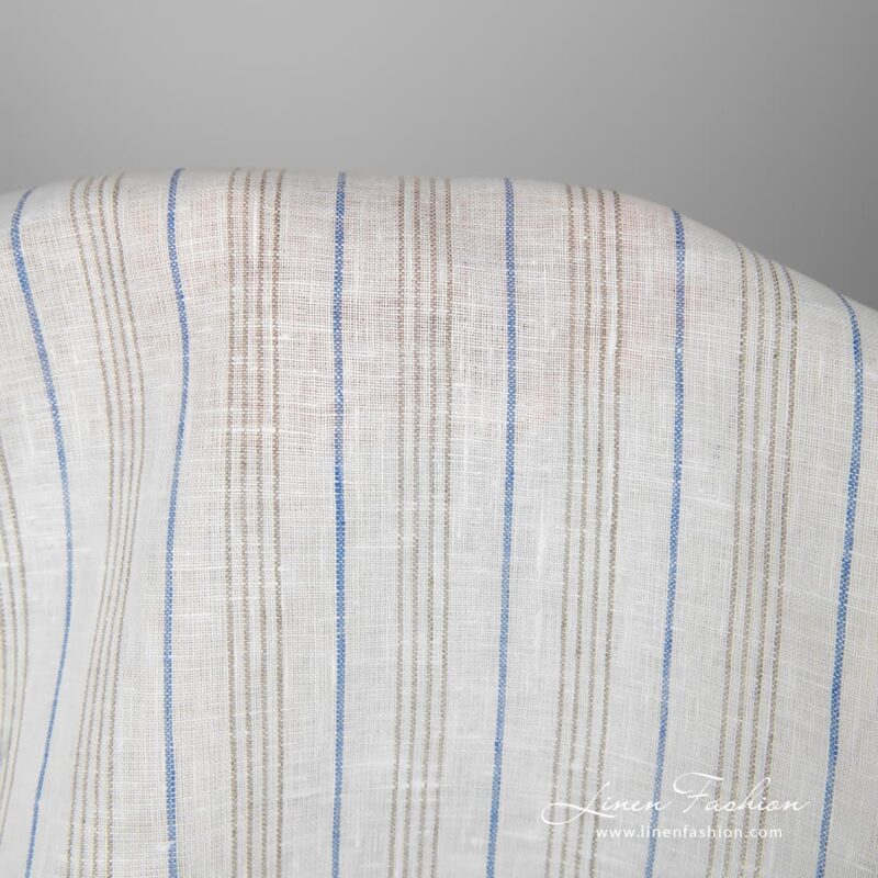Linen fabric white with blue and grey stripes close up detail