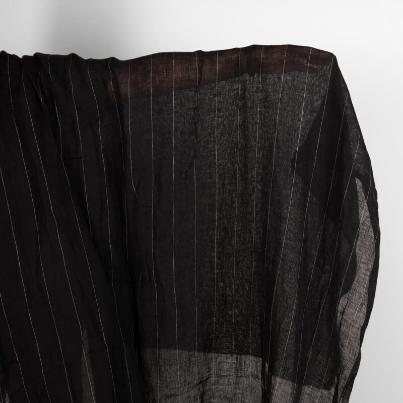 Black transparent linen fabric with grey stripes washed
