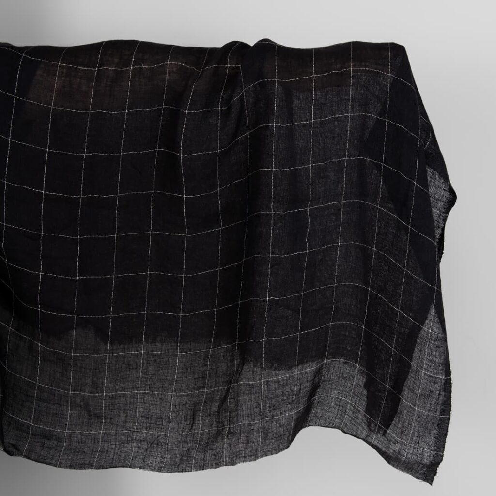 Black transparent checked linen fabric washed