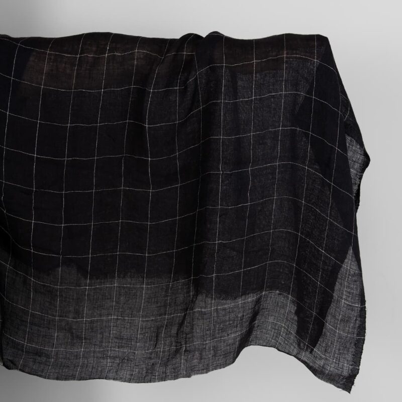 Black transparent checked linen fabric washed
