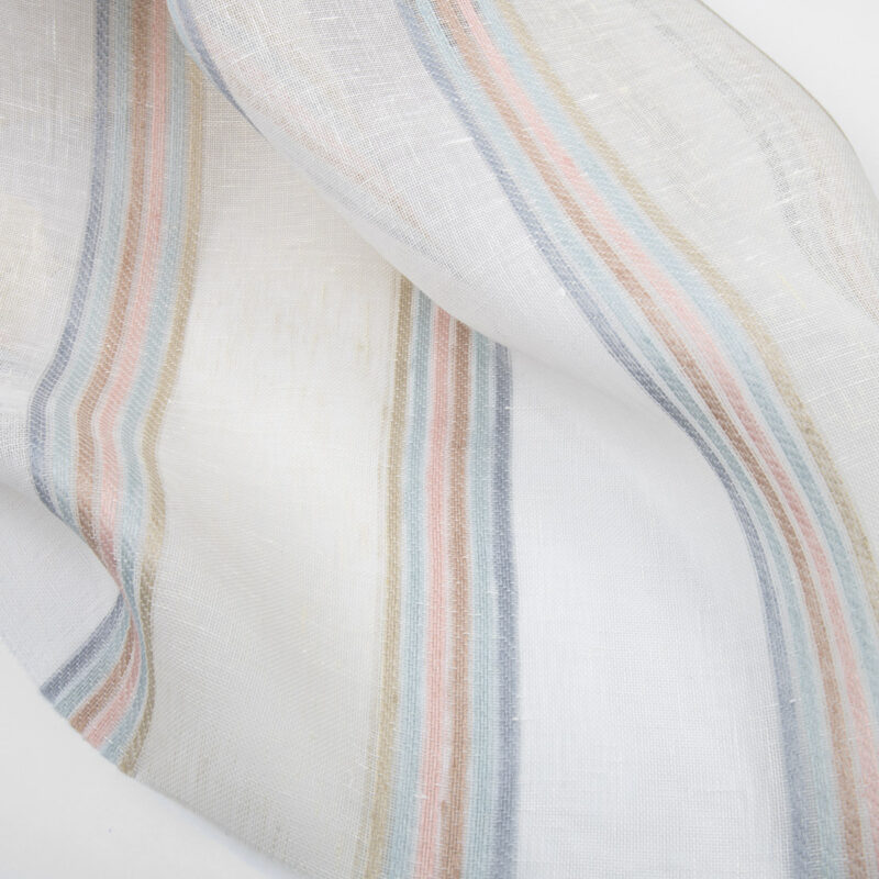 White transparent linen fabric with colourful stripes