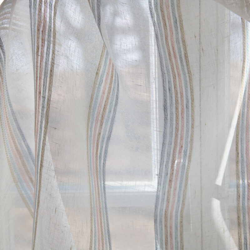 White transparent linen fabric with colourful stripes see through