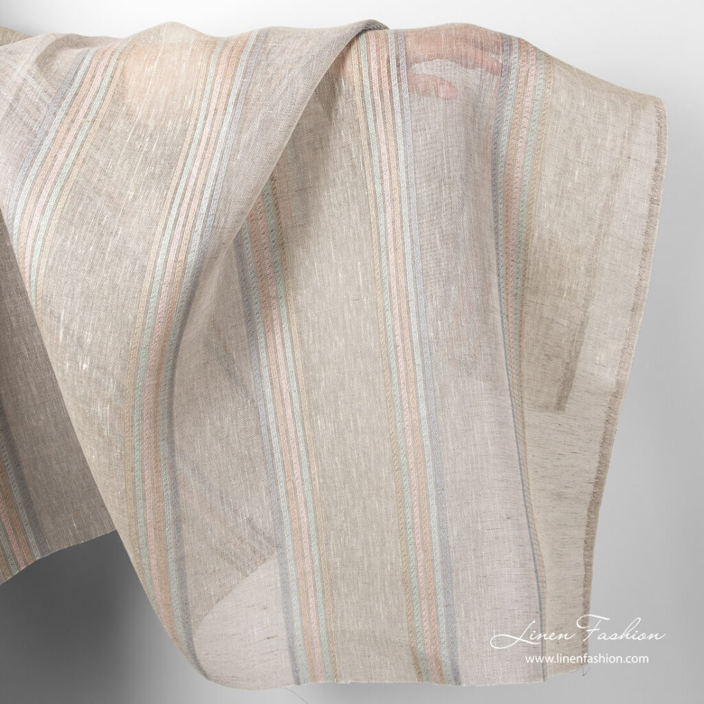Jasnoszary przeźroczysty len w paski 1 Linen fabric with pastel stripes