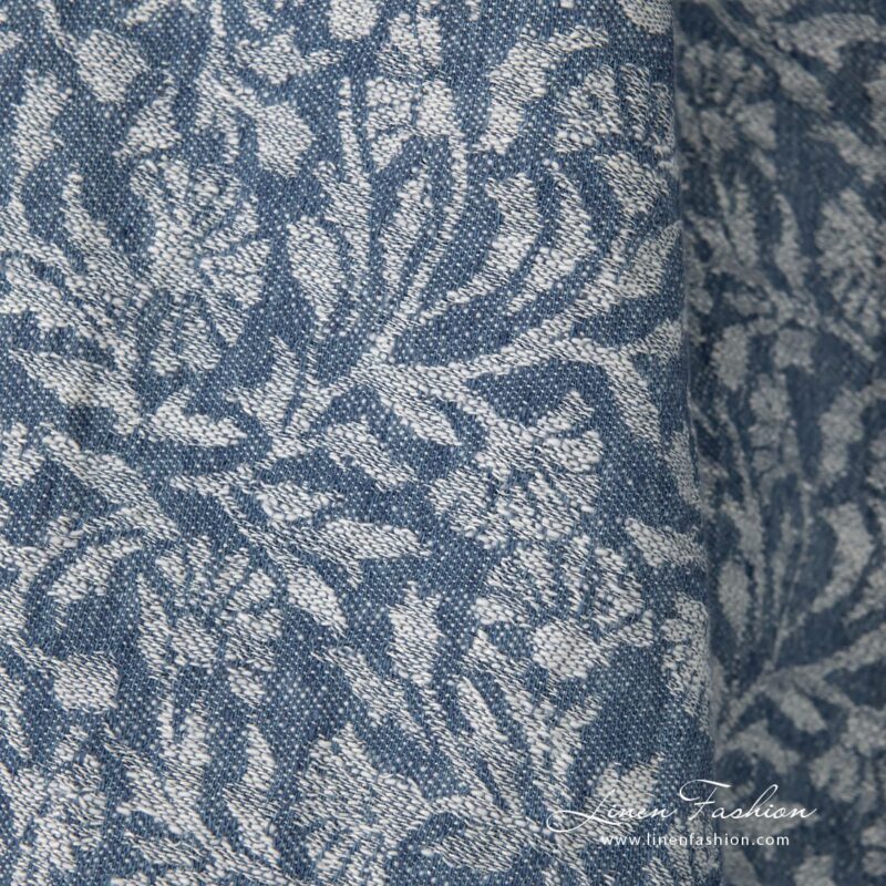 Linen cotton jacquard fabric with flowery ornaments, washed