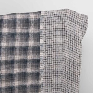 Washed checked grey linen fabric