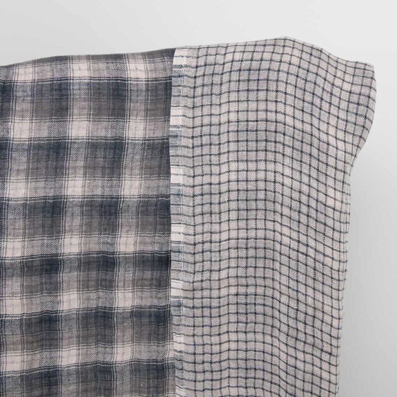 Washed checked grey linen fabric