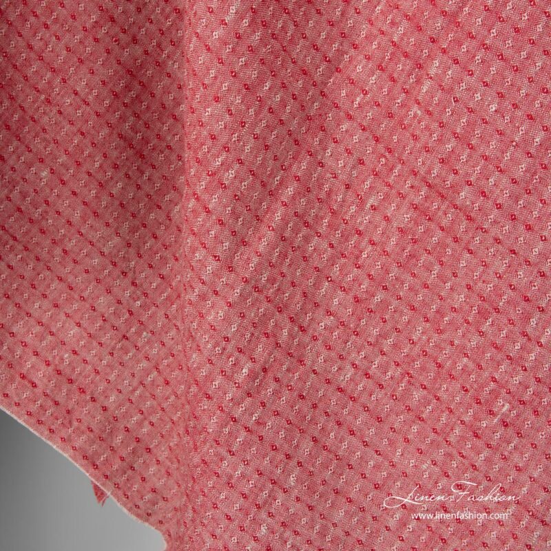 Washed linen fabric, red and grey small diamond pattern