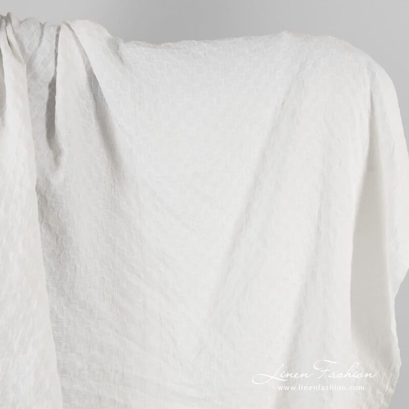 Optical white linen fabric in checks